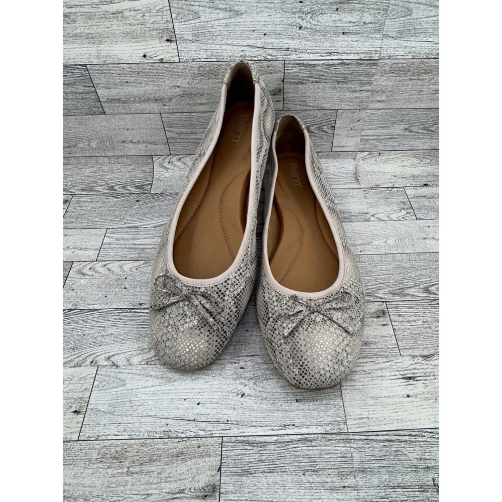 Born Snakeskin Print Ballet Flats Women's 11M Beige Bow Detail‎